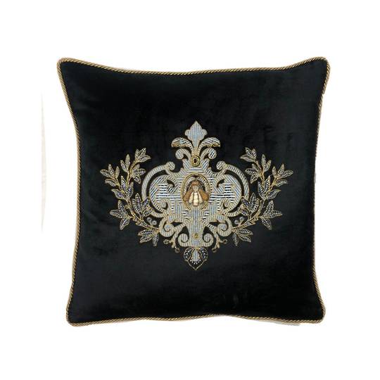 Sanctuary Cushion Cover - Hand Embroidered Velvet Black Emblem